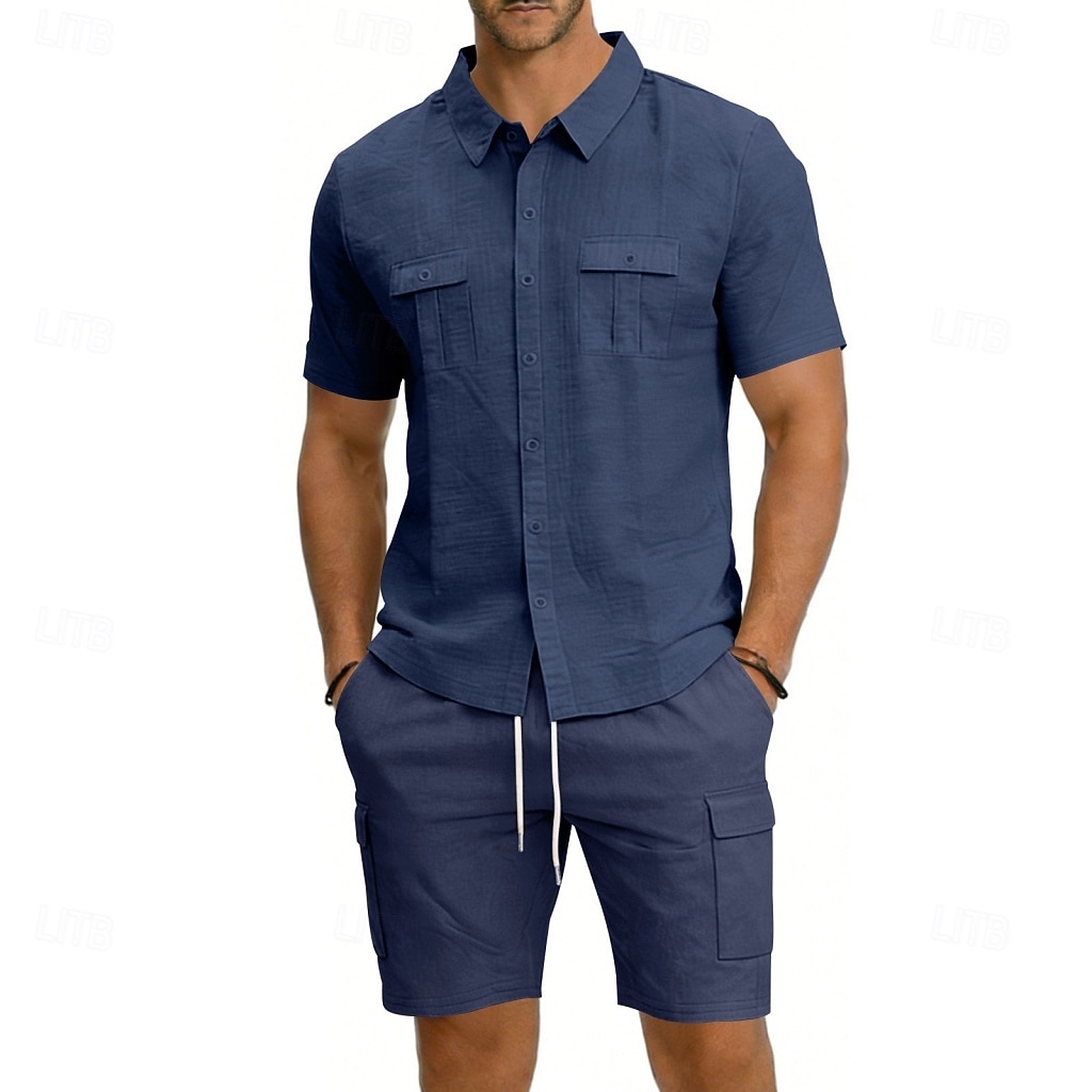 Homens Camisa de linho 2 Peças Conjunto de camisa E Bermuda Cargo Calção Shorts de linho Definir Tecido Diário Ao ar livre Férias Aberto para a Lateral Manga Curta Verão Moda Casual Confortável Roupa de 2026 por $32.99 –P10