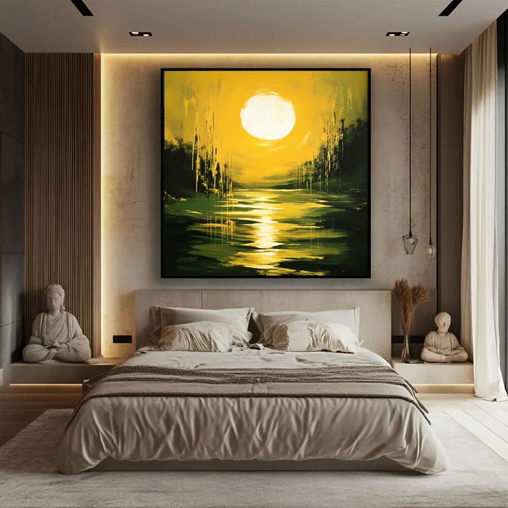 Hand Painted Sunset Oil Painting Emerald Green Abstract Textured Canvas Green Lake Moon Water Reflection Art 2026 - $91.99 –P4