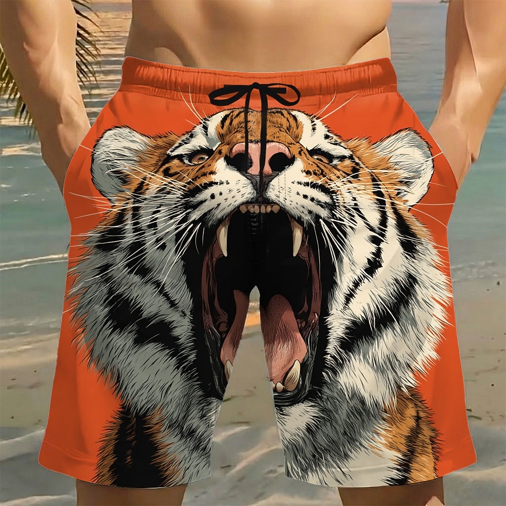 Herren Brüllend Tiermotiv Tiger Badehosen Badeanzüge Badeshorts Boardshorts Mittlere Taille Lustig Strandurlaub Seitentaschen Netzfutter Elastischer Kordelzug in der Taille Designer Bekleidung 2026 - $20.99 –P1