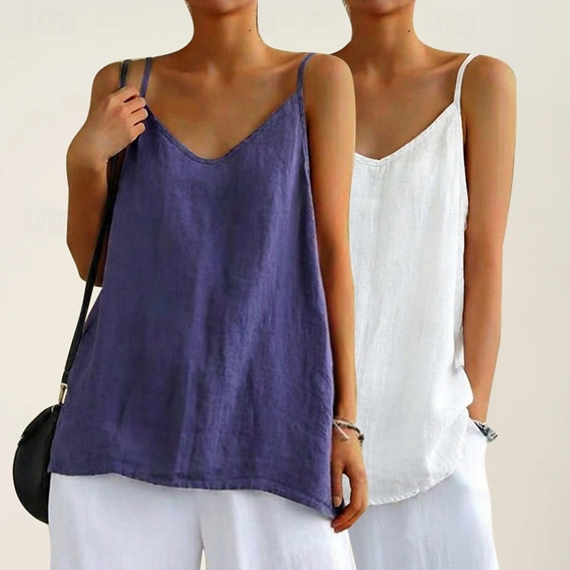 multi pack 2pcs camicie da donna in cotone e lino camicetta senza maniche camicia patchwork bottoni semplice quotidiano elegante basic senza maniche scollo a V top regolari quotidiano vacanza uscire del 2026 a $21.99 –P6
