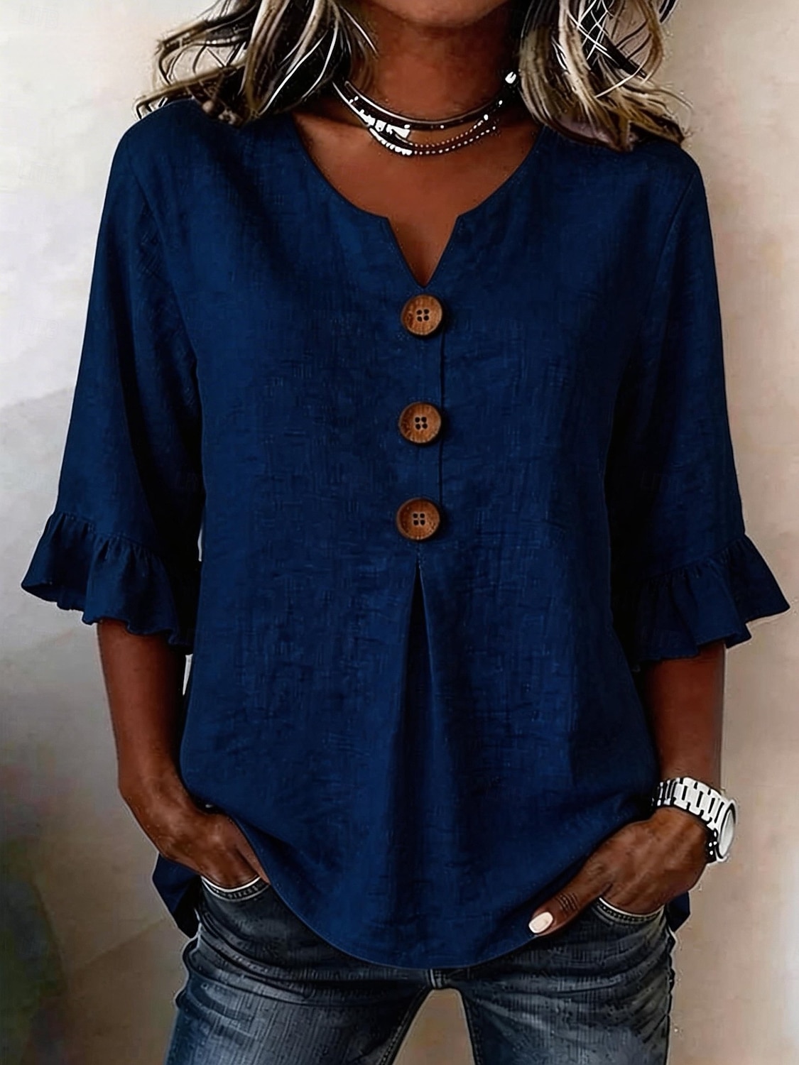 Damen Bluse Rüsche Knöpfe Einfarbig Stilvoll Basic Lässig Dreiviertelarm V Ausschnitt Normale Oberteile Täglich Blau Weiß Marineblau Grün Sommer Frühling Herbst 2026 - $29.99 –P4