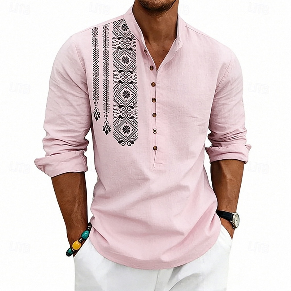 Men's Shirt Linen Shirt Popover Shirt Summer Shirt Beach Shirt Geometric Casual Vacation Black White Pink Navy Blue Long Sleeve Stand Collar Summer Spring Clothing Apparel Buttons 2026 - $25.99 –P14