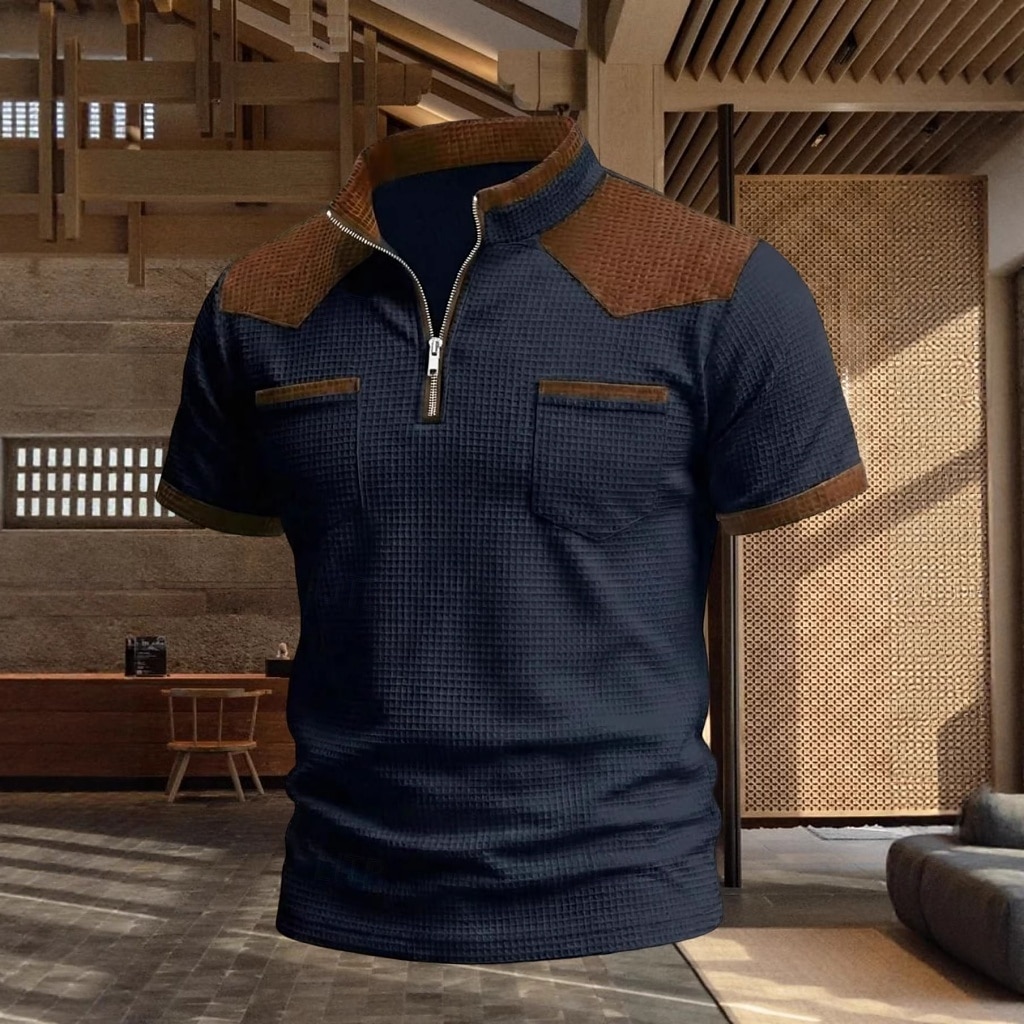 Men's Waffle Polo Shirts Polo Shirts Daily Outdoor Quarter Zip Short Sleeve Fashion Basic Color Block Zipper Lightweight Summer Spring Tailored Fit Black White Navy Blue khaki Gray Waffle Polo Shirts 2026 - $20.99 –P7