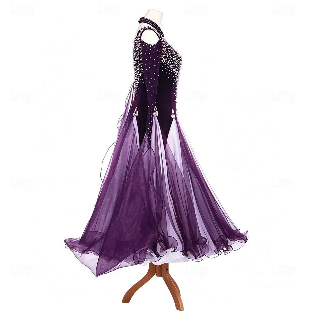 Ballroom Dance Dress Rhinestone Pleats Splicing Women's Party Training Performance Long Sleeve High Spandex Polyester 2026 - $460.39 –P2