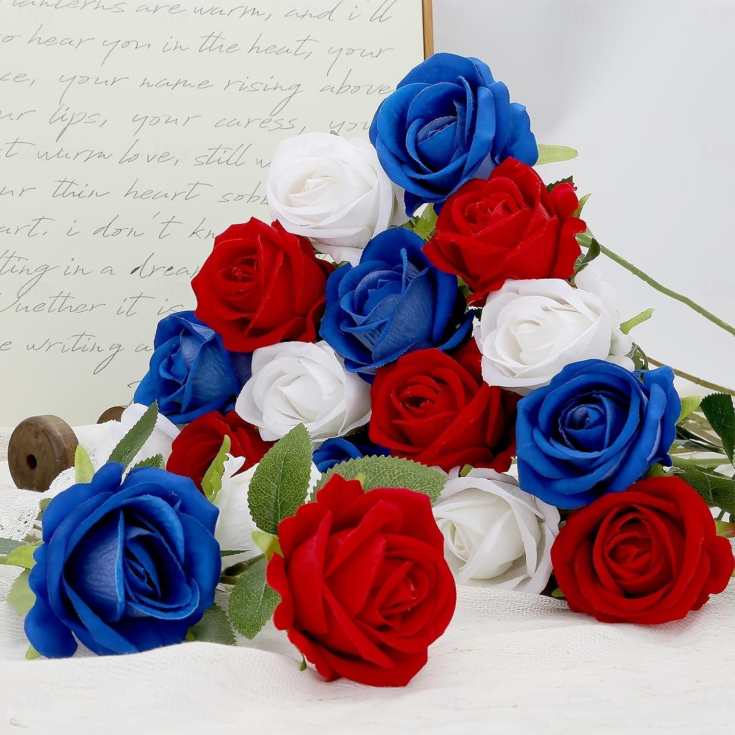 24 Artificial Roses For July 4th Decoration, Red, White, And Blue Patriotic Floral Arrangement, Realistic Velvet Silk Roses, Sold In Bulk For Memorial Day Centerpieces And Home Decor 2026 - $30.99 –P6