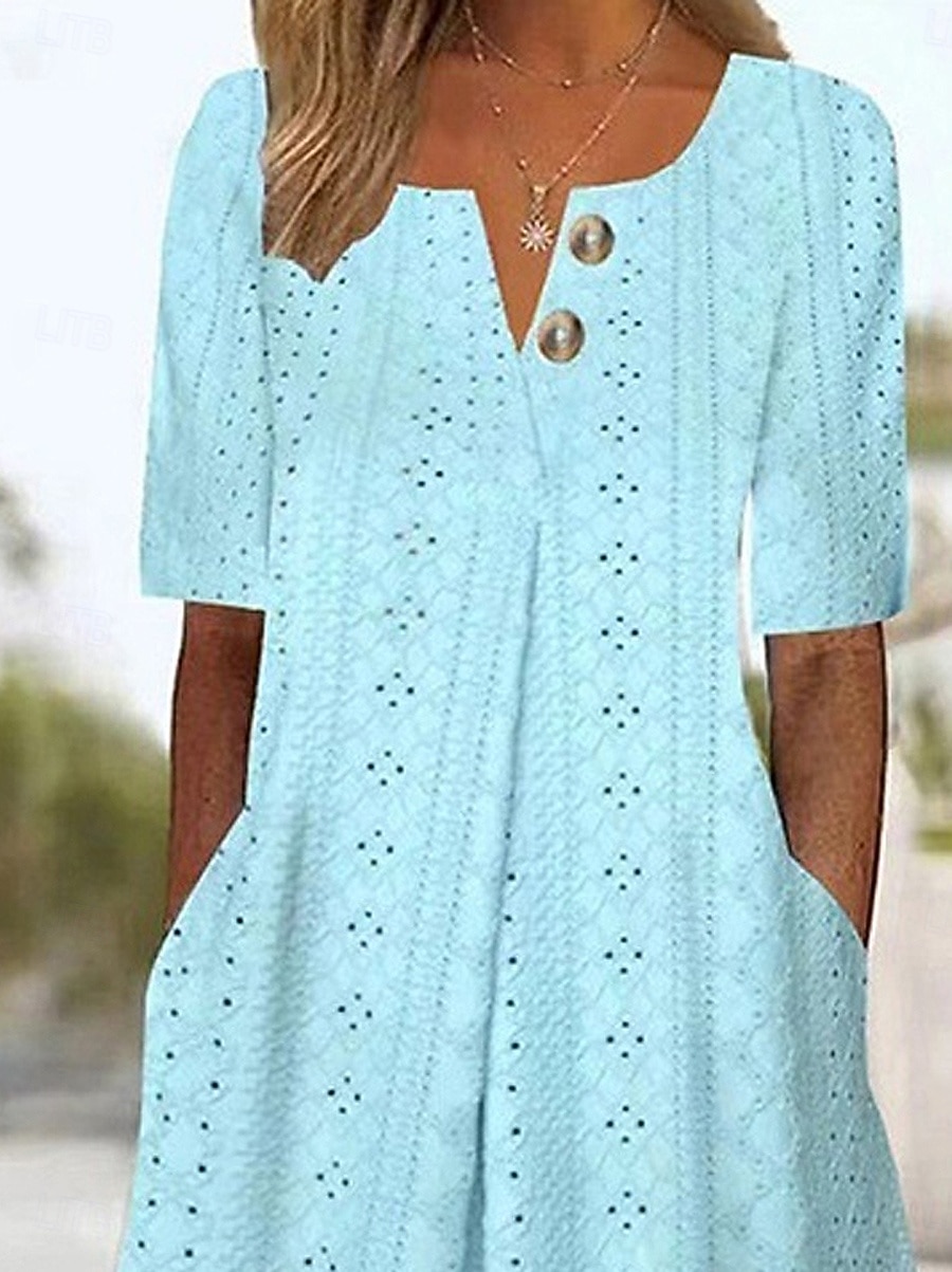Dames Halflange jurk Zomerjurk Jurk met oogjes Modieus Modern Strand Vakantie Feestdagen Ruim Passend Effen Halve mouw V-hals blauw Zomer Lente 2026 - $28.99 –P2