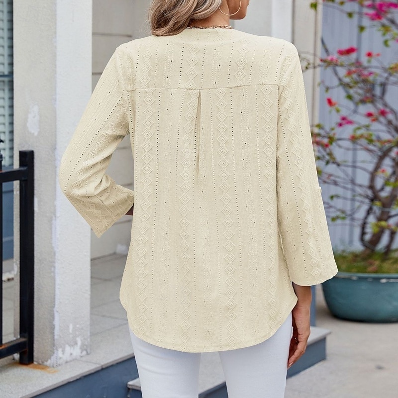 Women's Texture Blouse Eyelet Top Pointelle Tee T Shirt Eyelet Striped Fashion Classic Casual Long Sleeve V Neck Regular Tops Casual Daily Beach Black White Navy Blue Sky Blue Orange Summer Spring 2026 - $28.99 –P10