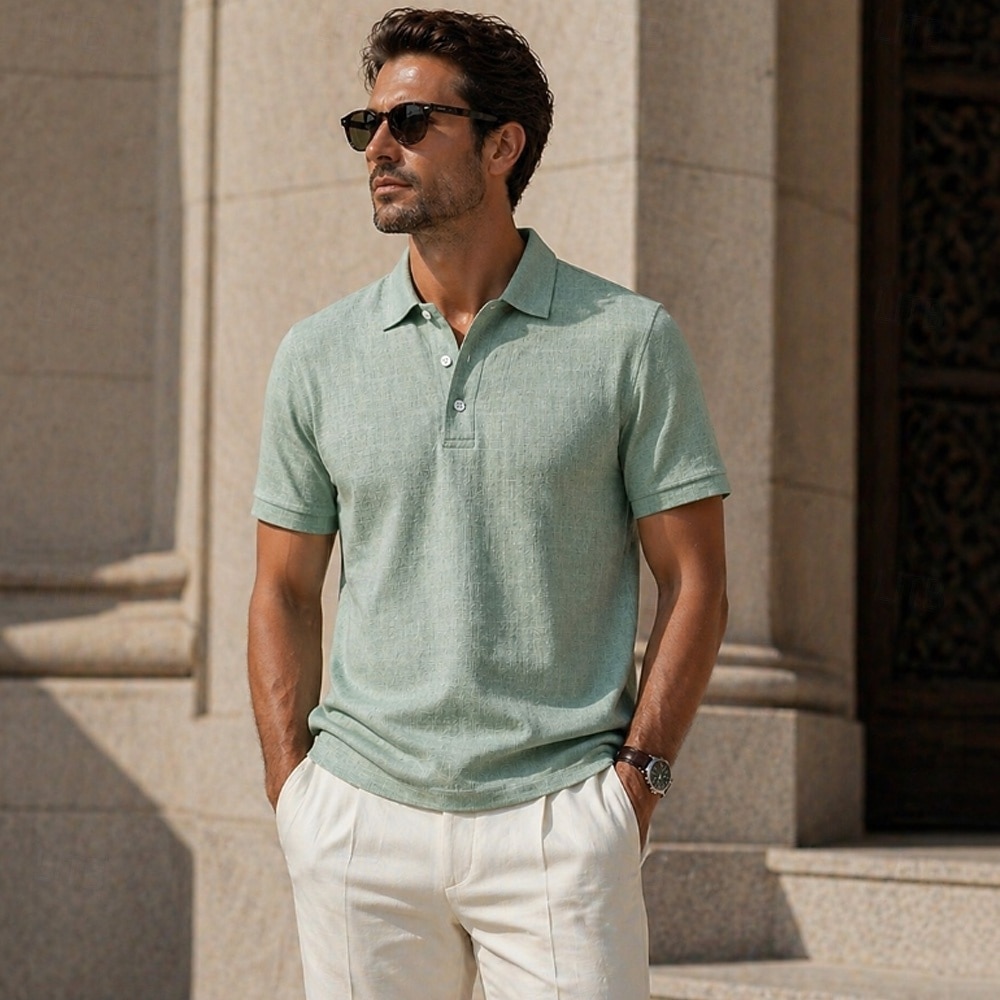 polo da uomo a maniche corte risvoltate, tinta unita, bottoni, traspiranti, primaverili &verde chiaro estivo del 2026 a $33.99 –P1