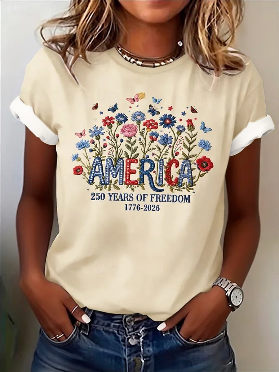Dia da Independência Americana Mulheres Camiseta Imprimir Floral Gráfico Bandeira à moda Clássico Casual Manga Curta Gola Redonda Decote Redondo Tops regulares Casual Diário Azul Preto Branco Rosa de 2026 por $22.99 –P2