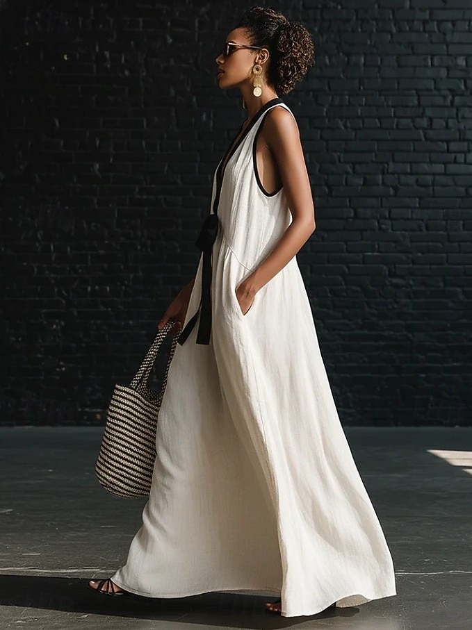 Mulheres Vestido Longo Vestidos com toque de linho Vestidos Para o Verão Vestido A Line Vestido de verão Casual Diário Festa Feriado Ajuste Largo Tecido Sem Manga Decote V Azul Amarelo Claro Branco de 2026 por $45.99 –P2