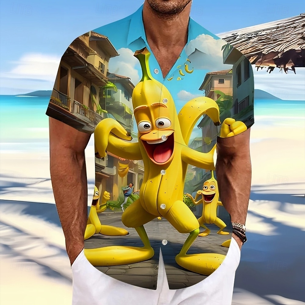 Voor heren Tekenfilm Grappig Banaan Hawaiiaans overhemd Tropische shirts Aloha-shirt Korte mouw Hawaii Vakantie Zomer Lente Strijkijzer 3D-afdrukken Voorste zak Overhemden met knoopjes blauw 2026 - $25.99 –P1
