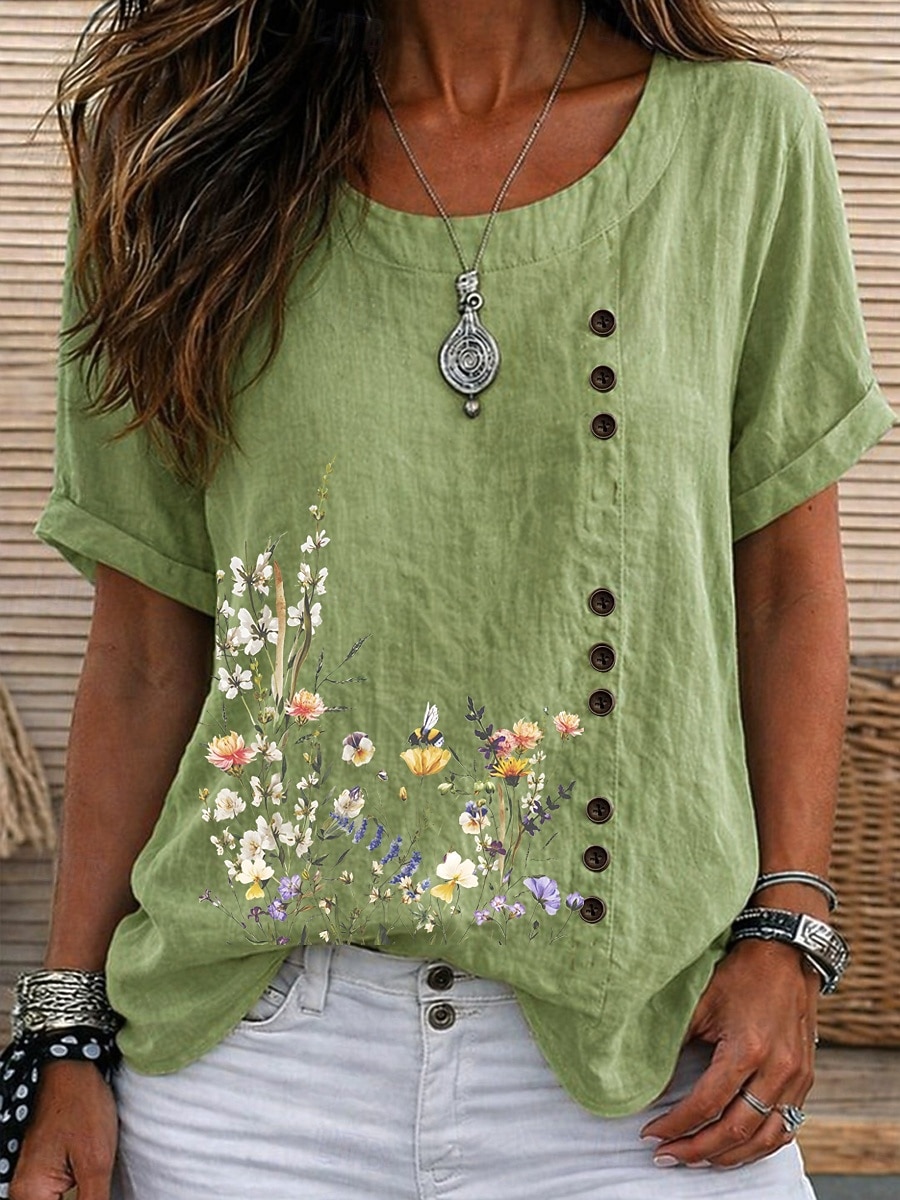 Women's Blouse Buttons Floral Graphic Elegant Vintage Daily Short Sleeve Crew Neck Regular Tops Casual Daily Holiday Blue Grass Green White Yellow Pink Summer Spring 2026 - $24.99 –P7