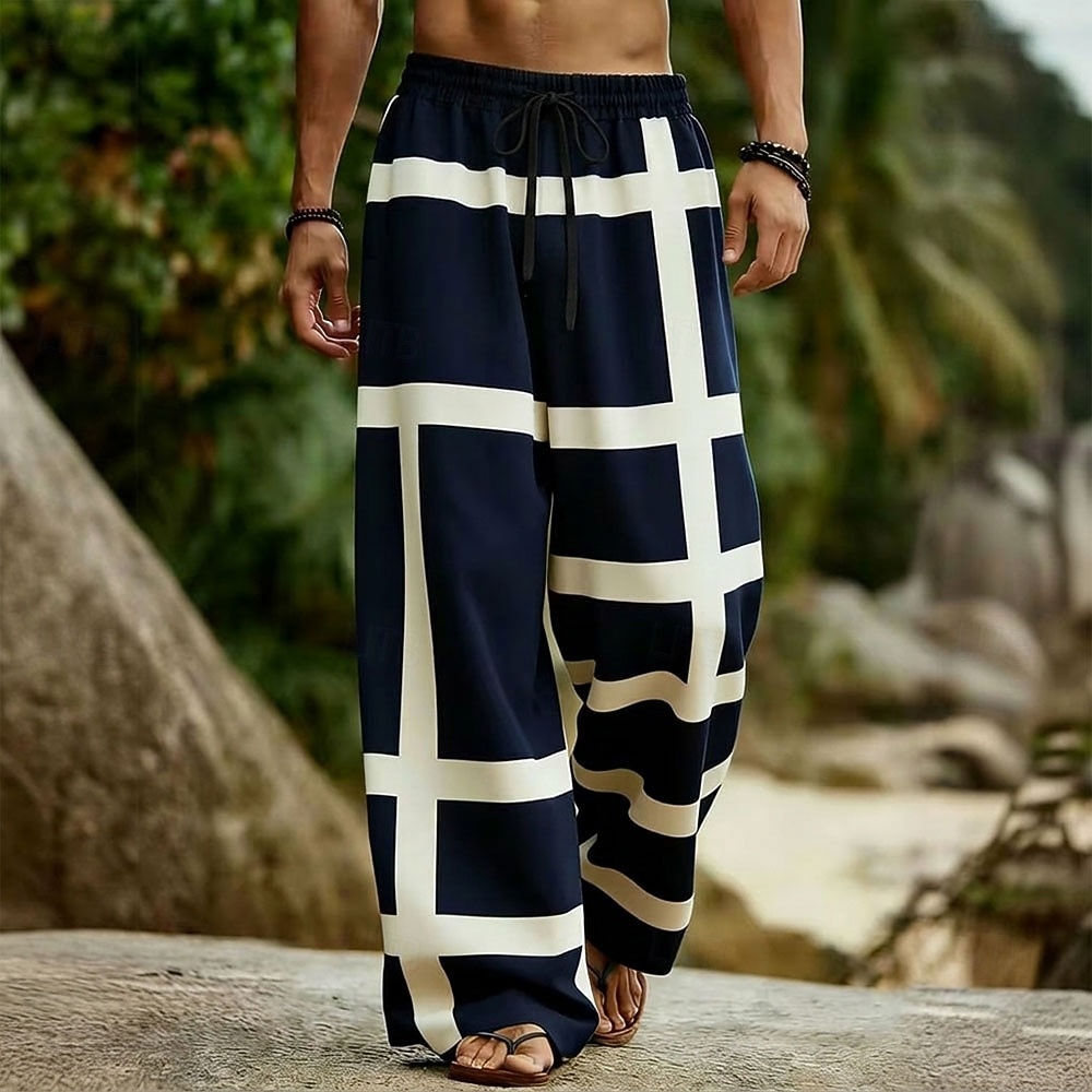 Men's Geometric Color-blocking Trousers Casual Pants Baggy Pants Mid Waist Boho Home Outdoor Vacation Elastic Drawstring Waist Linen-Like Pants with Pockets Summer Spring 3D Print Black Red Green 2026 - $27.99 –P2