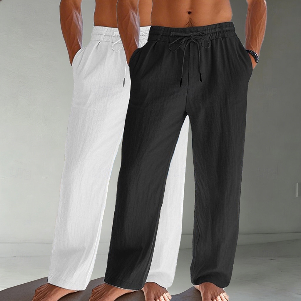 Homens Calças de linho Calças Calça verão Calças largas Calças de praia Com Cordão Bolsos Cintura elástica Tecido Conforto Respirável Comprimento total Diário Praia Férias Férias Havaiana Branco de 2026 por $39.99 –P9