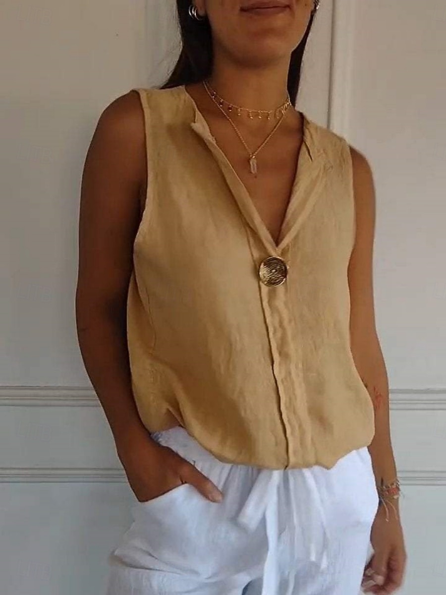 Per donna Camicia in cotone e lino Maglietta Bottoni Semplice Moda Elegante Classico Senza Maniche Colletto a Camicia Top Regolari Quotidiano Uscire Weekend Bianco Blu marino Verde Cachi Estate del 2026 a $22.99 –P4