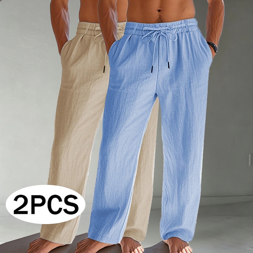 Homens Calças de linho Calças Calça verão Calças largas Calças de praia Com Cordão Bolsos Cintura elástica Tecido Conforto Respirável Comprimento total Diário Praia Férias Férias Havaiana Branco de 2026 por $39.99 –P1