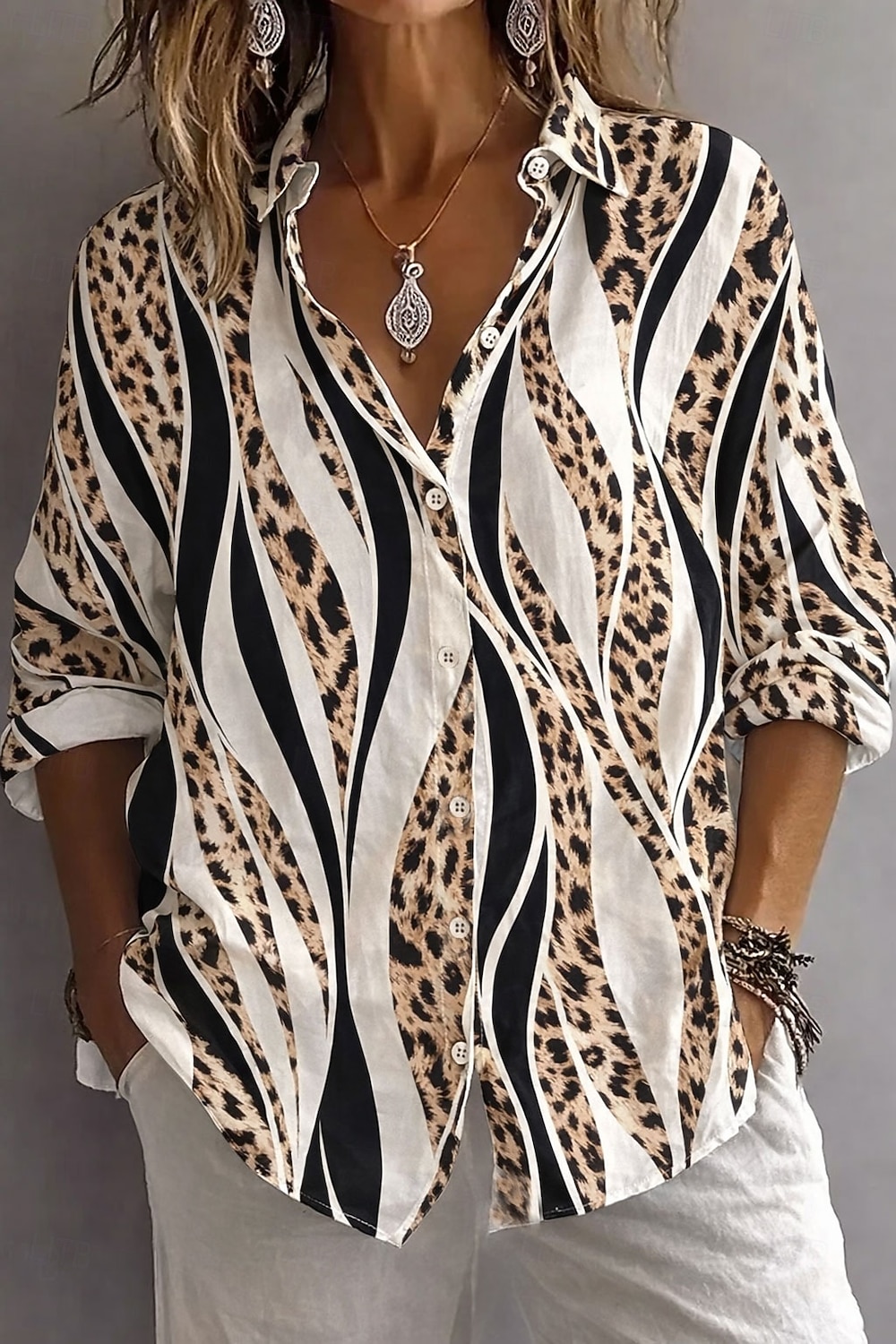 Per donna Camicia Bottoni Stampato Grafico Leopardo Geometrico Elegante Vintage Tropicale Manica Lunga Colletto a Camicia Top Regolari Quotidiano Lavoro Blu Rosa Cachi Estate Primavera Autunno del 2026 a $36.99 –P1