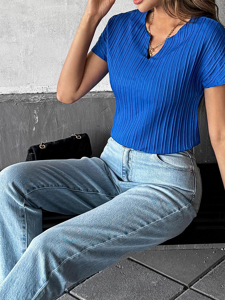 Women's T Shirt Tee Top Striped Plain Elegant Fashion Short Sleeve V Neck Regular Tops Casual Daily Beach Blue Spring 2026 - $21.99 –P7