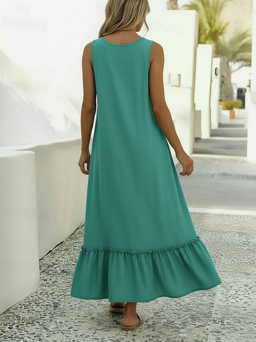 Women's Midi Dress Cotton Linen Dress Elegant Vintage Daily Vacation Loose Fit Plain Sleeveless Crew Neck Turquoise Summer 2026 - $29.99 –P3