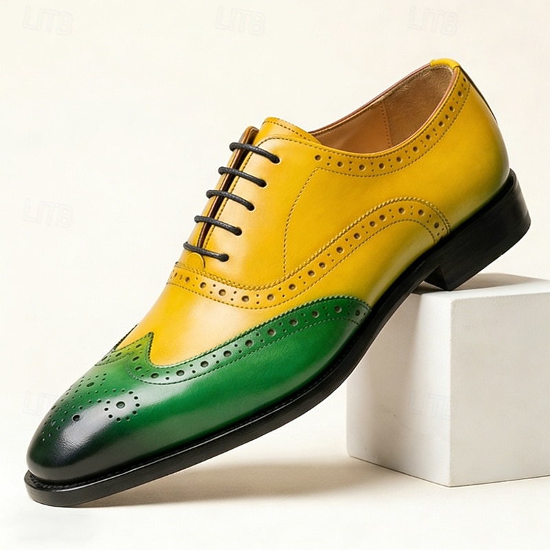 Men's Yellow and Green Wingtip Oxford Shoes with Brogue Detail and Colorblock Design, Vintage Statement Dress Shoes for Stylish Men, Ideal for Weddings, Parties, Banquets and Fashion Events 2026 - $94.99 –P2