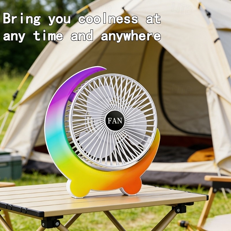 Moon Shaped Desk Fan with Rainbow RGB LED Light, 3-Speed Quiet Personal USB Table Fan for Office Bedroom Nightstand, Rechargeable Battery Operated Small Fan for Kids Dorm, Colorful Cooling Gift 2026 - $33.99 –P1