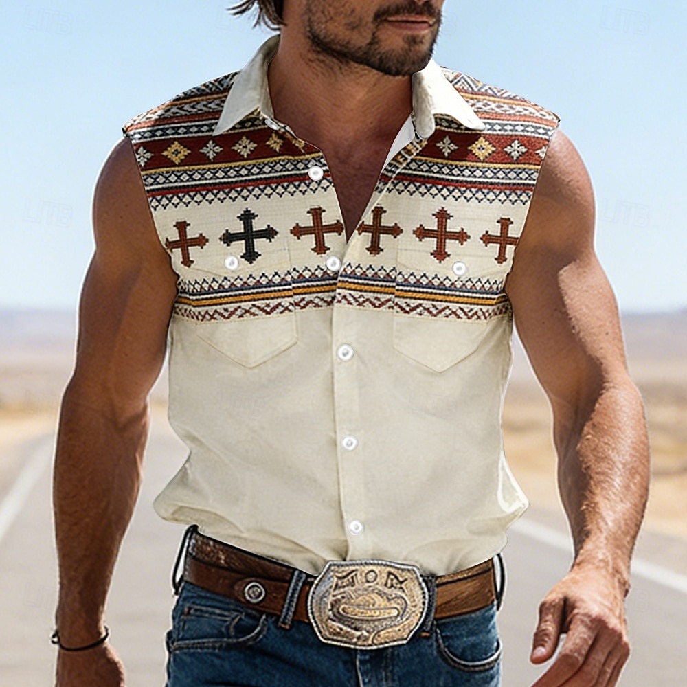 Hombre Cruz Étnico Bloqueo de color camisa occidental Camisa vaquera Camisa sin mangas Sin Mangas Vintage estilo occidental Exterior Vacaciones Verano Primavera Cuello Vuelto Impresión 3D Camisas con 2026 - $27.99 –P1