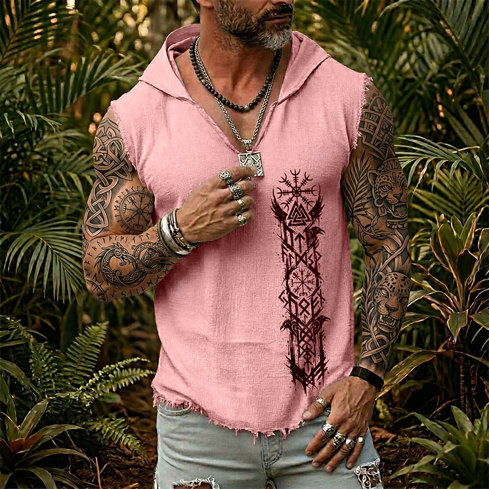 Chaleco sin mangas con capucha para hombre, estampado de vegvisir valknut, runas nórdicas, cuervo, guerrero vikingo, estilo boho, algodón y lino, bajo deshilachado, corte holgado, ideal para verano, 2026 - $19.99 –P3