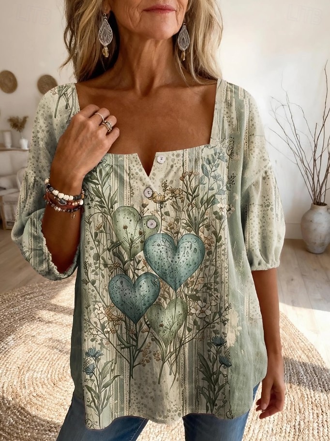 Per donna Blusa Bottoni Stampato Floreale Grafico Quotidiano Elegante Essenziale Mezza Manica Collo quadrato Top lunghi Quotidiano Giallo Verde Beige Azzurro Estate Primavera del 2026 a $29.99 –P2