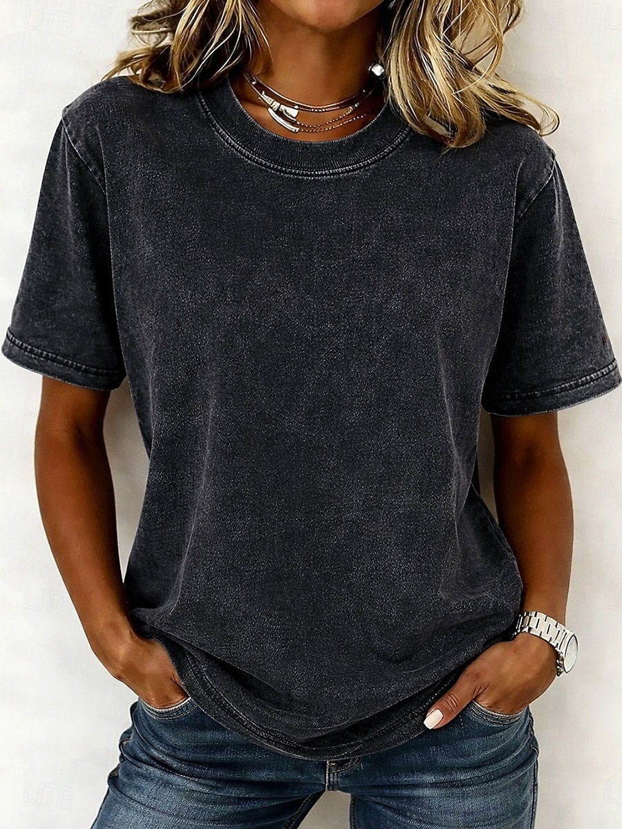 Damen T-Shirt 100% Baumwolle Vintage Gewaschene Oberteile T-Shirt Top Schlicht Vintage Mode Stylisch Kurzarm Rundhals Reguläre Oberteile Alltag Ausgehen Wochenende Blau Schwarz Lila Fuchsia Orange 2026 - $21.99 –P12