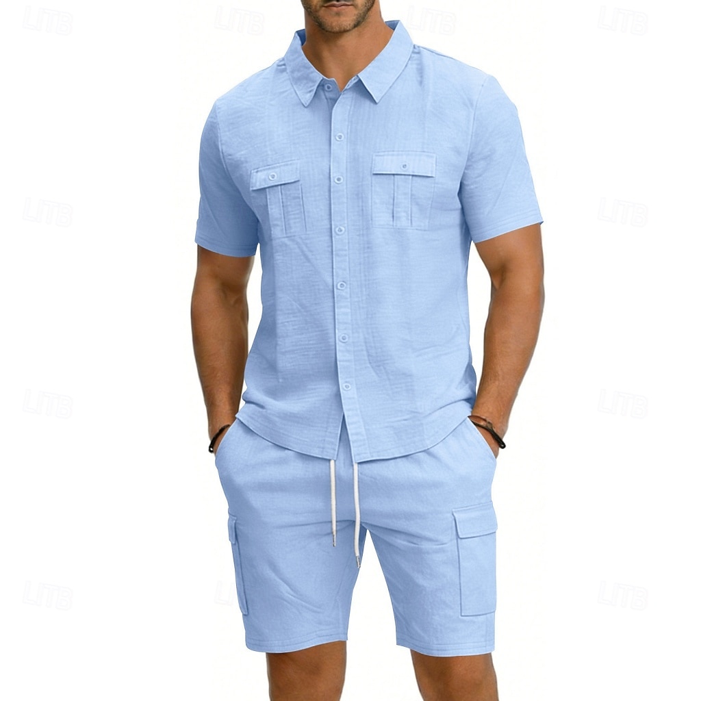 Homens Camisa de linho 2 Peças Conjunto de camisa E Bermuda Cargo Calção Shorts de linho Definir Tecido Diário Ao ar livre Férias Aberto para a Lateral Manga Curta Verão Moda Casual Confortável Roupa de 2026 por $32.99 –P1