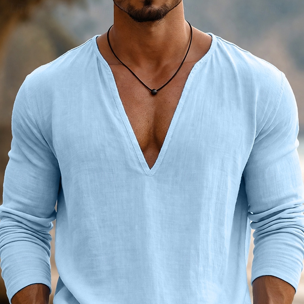 Voor heren T-shirt Lange mouw V-hals Lente zomer Zomer Lente Effen Modieus Ontwerper Basic Zacht Casual Vakantie Straat Licht Blauw Top T-shirt voor mannen 2026 - $18.99 –P3