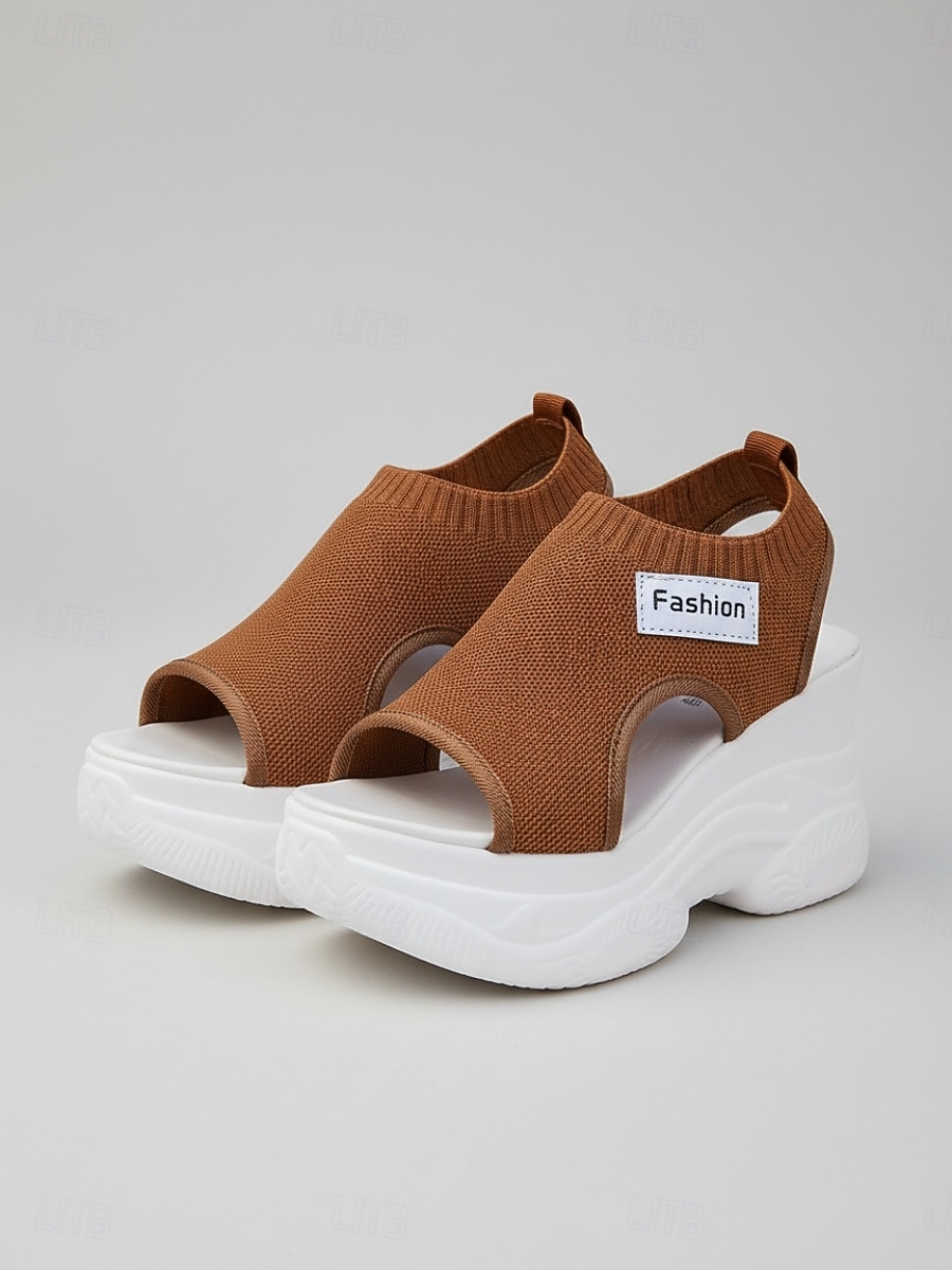 Damessandalen met sleehak in bruin gebreid materiaal, ademende gebreide sportsandalen, veelzijdige casual schoenen voor vakantie en wandelen. &zomerse dag 2026 - $26.99 –P3