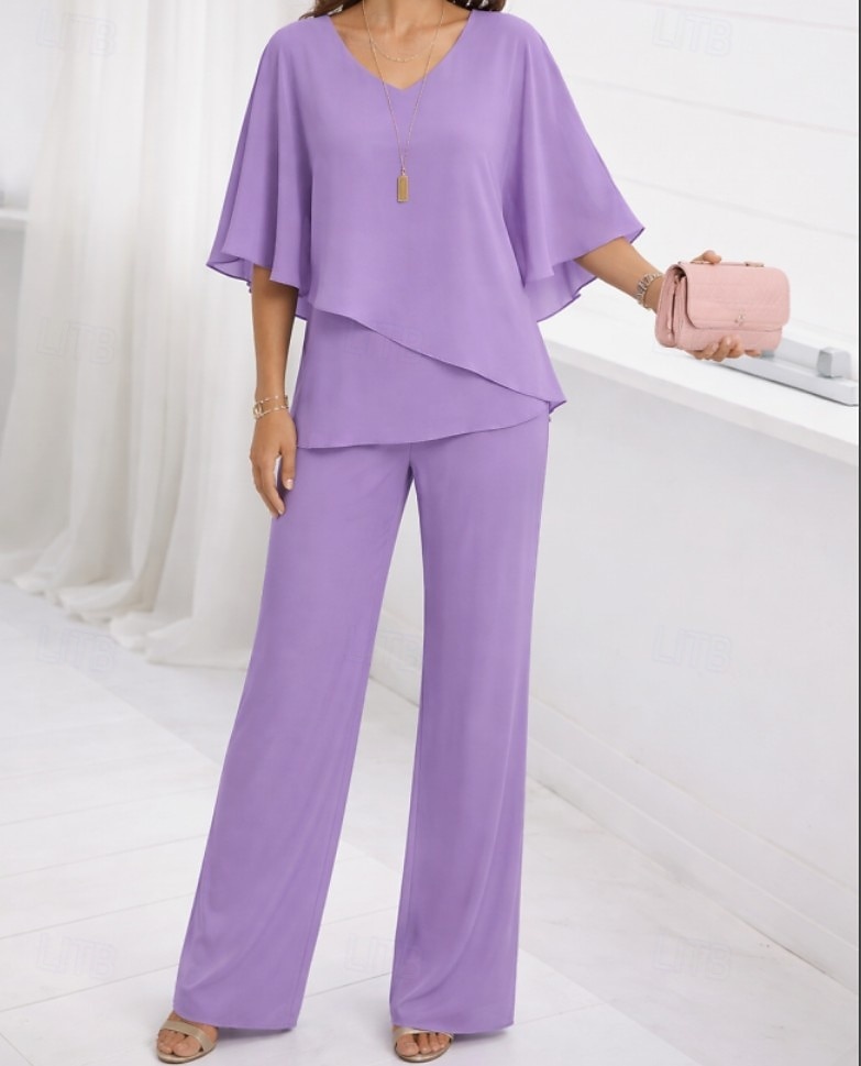 Women's Blouse Wide Leg Pants 3/4 Length Sleeve V Neck Plain Ruffle Fashion Streetwear Daily Casual Daily Pink Purple Khaki Spring &  Fall Regular Fit 2026 - $43.99 –P5