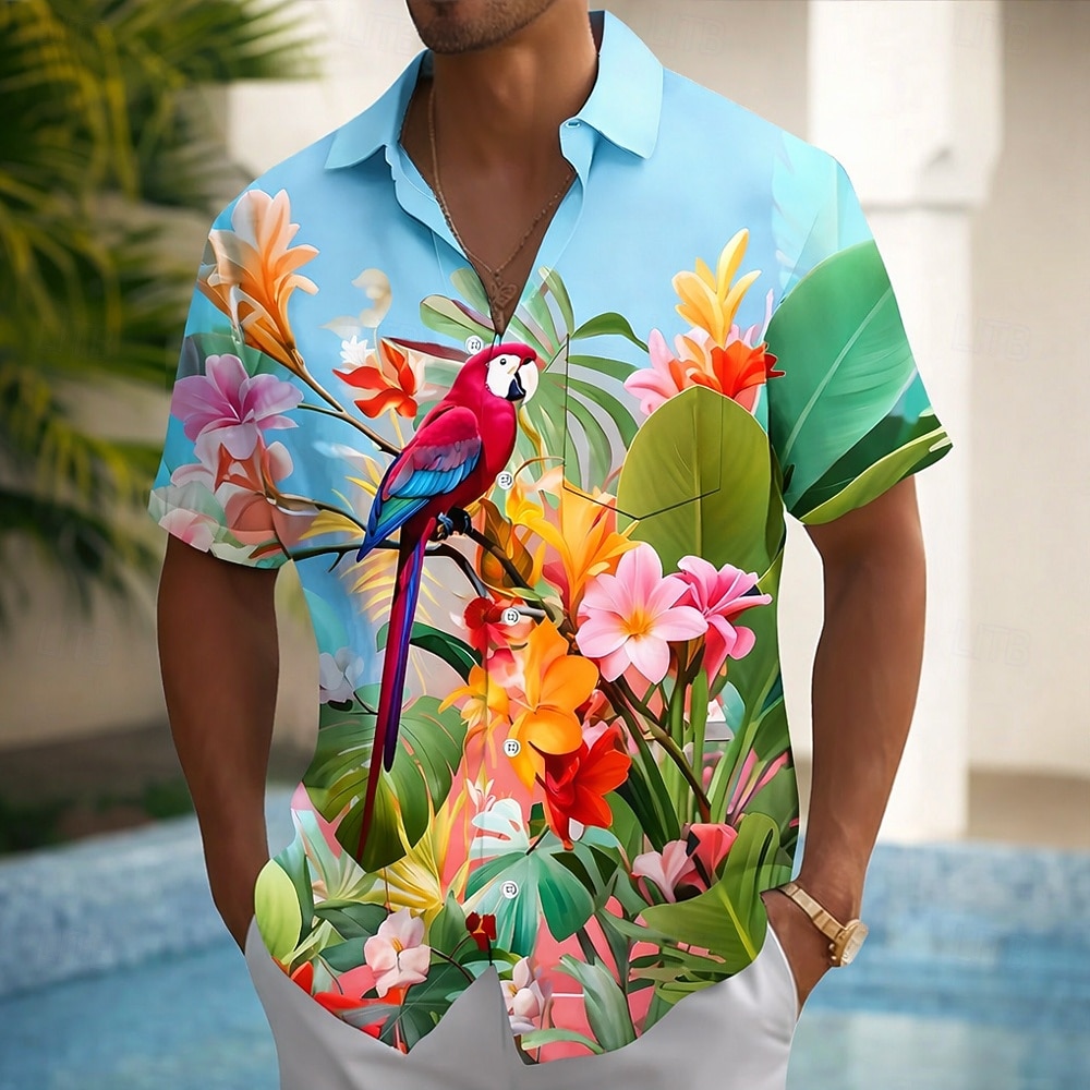 Men's Parrot Tropical Plants Flowers Summer Hawaiian Shirt Button Up Shirt Aloha Shirt Short Sleeve Hawaiian Vacation Summer Spring Turndown 3D Print Collared Shirts Front One Pocket Blue Pink Red 2026 - $25.99 –P5
