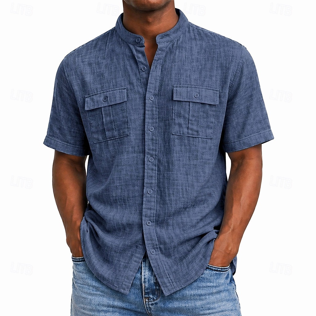 Hombre Camisa Camisa de lino Camisa de verano Ropa de playa Camisa con cuello mao Abotonar la camisa Color sólido Casual Vacaciones Azul Piscina Negro Azul Marino Verde Trébol Manga Corta Escote Chino 2026 - $11.49 –P4