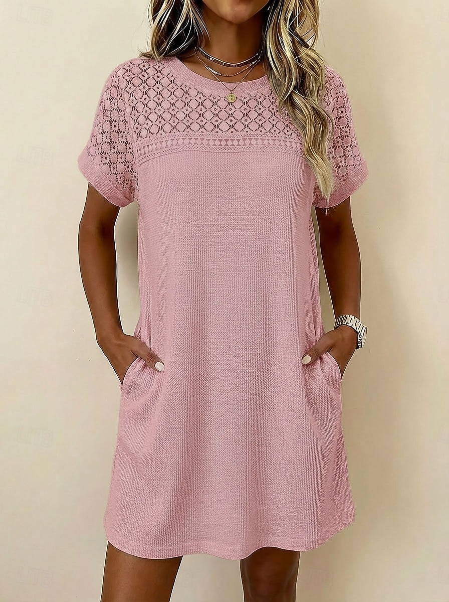 Mulheres Minivestido Vestido de renda Vestido Waffle Vestido T shirt Básico Clássico Diário Férias Normal Tecido Manga Curta Gola Redonda Preto Branco Rosa Damasco Verão Primavera de 2026 por $27.99 –P3