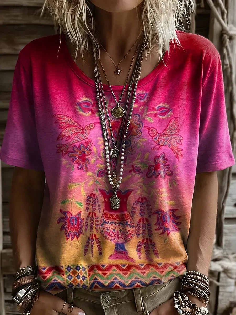 Music Festival Women's T Shirt Print Floral Graphic Plants Vintage Stylish Casual Short Sleeve Crew Neck Round Neck Long Tops Casual Daily Yellow Pink Summer Spring 2026 - $22.99 –P2