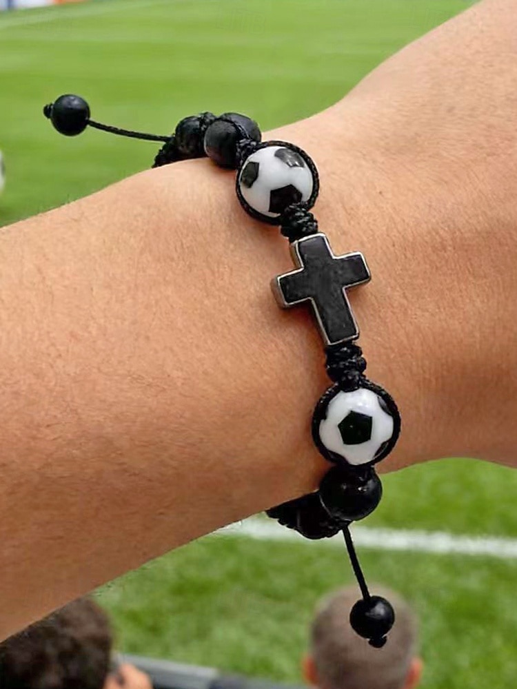 Pulsera deportiva para hombre de materiales mixtos con motivos de fútbol y baloncesto. &Cuentas de fútbol, tamaño ajustable, accesorio de apoyo para aficionados, ropa informal para el día del partido, 2026 - $7.99 –P1
