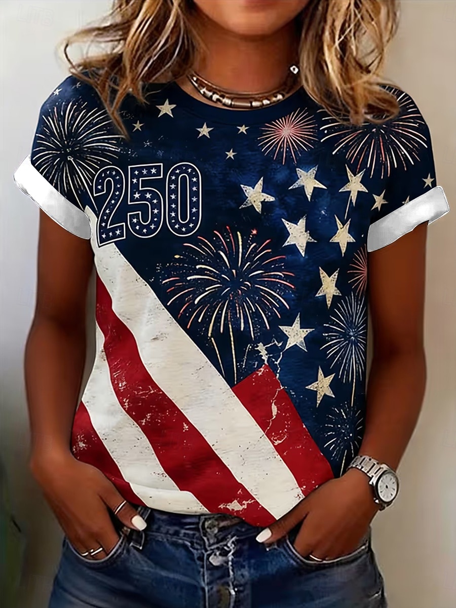 Amerikanischer Unabhängigkeitstag Damen T Shirt Druck Grafik Amerikanische Flagge Mode Stilvoll Klassisch Kurzarm Rundhalsausschnitt Normale Oberteile Lässig Täglich Blau Rote Sommer Frühling 2026 - $21.99 –P1