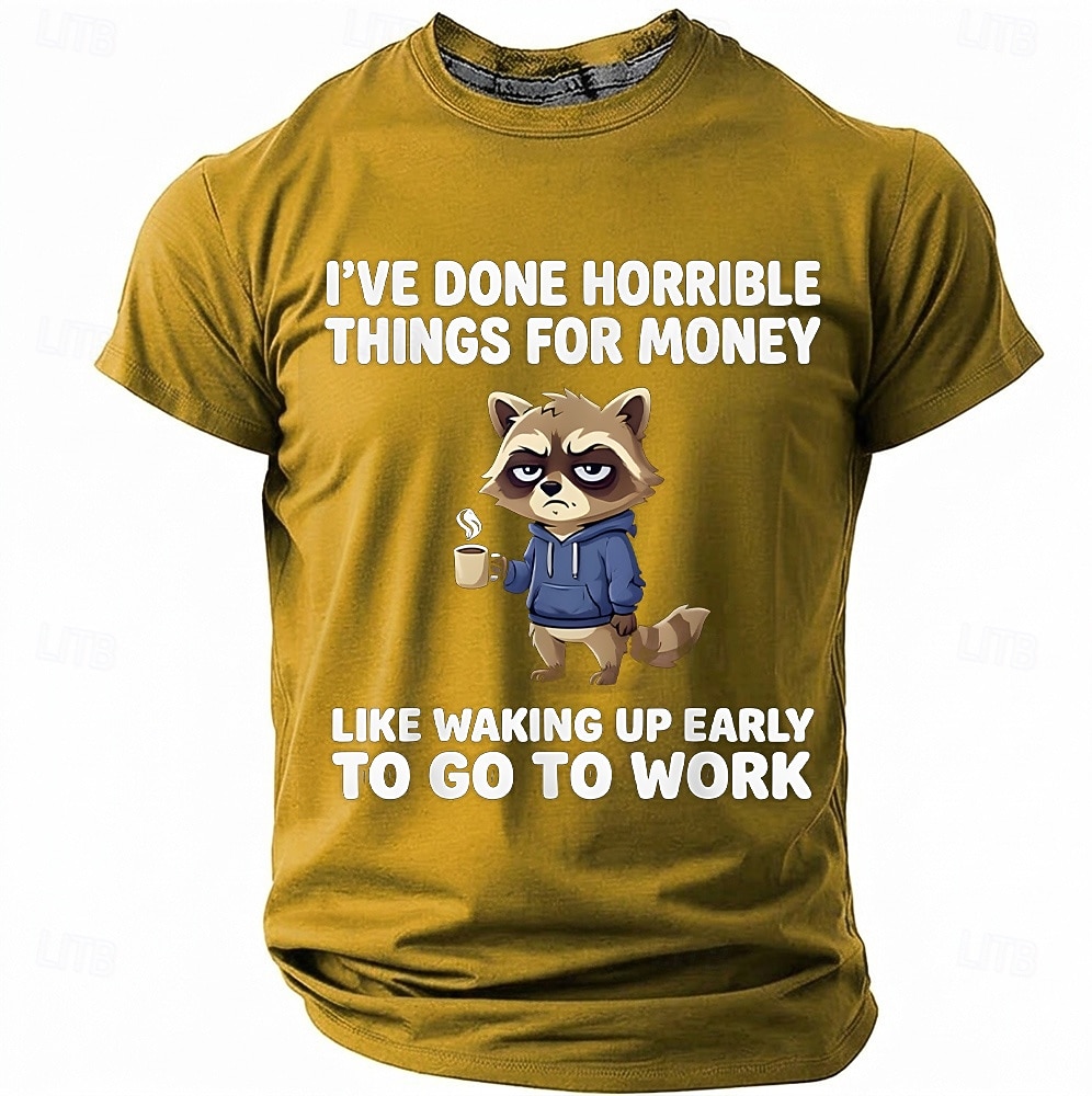 Maglietta da uomo con stampa divertente di un procione "Ho fatto cose orribili per soldi", maniche corte, girocollo, procione stanco che beve caffè, umorismo da ufficio, regalo sarcastico per del 2026 a $18.99 –P3