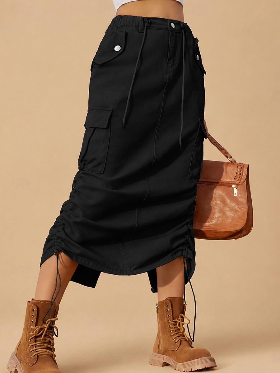Per donna Scenette di carico Casual Midi Vita Alta Gonne Inelastico Quotidiano Cachi chiaro Nero Verde militare Estate del 2026 a $47.99 –P5