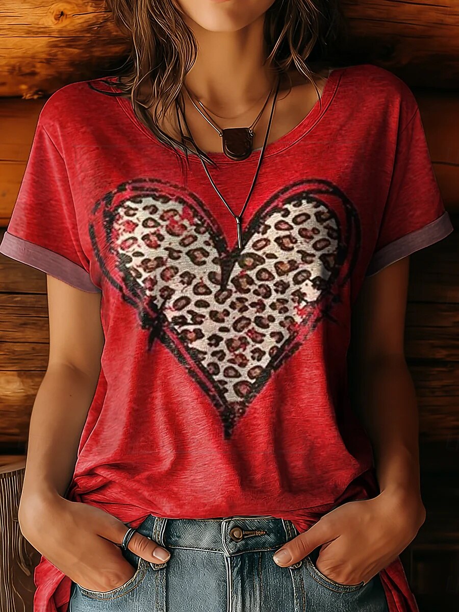 Damen T Shirt Druck Herz Blumen Grafik Vintage Stilvoll Klassisch Kurzarm Rundhalsausschnitt Rundhals Normale Oberteile Lässig Täglich Rote Grün Sommer Frühling 2026 - $22.99 –P1