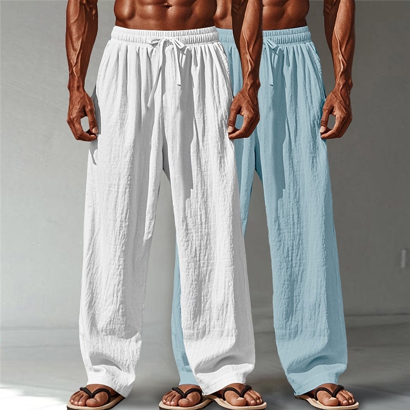 Men's Linen Pants Trousers Summer Pants Baggy Pants Beach Pants Drawstring Elastic Waist Straight Leg Plain Comfort Breathable Full Length Casual Daily Outdoor Vacation Fashion Green+Gray White+Navy 2026 - $34.99 –P14