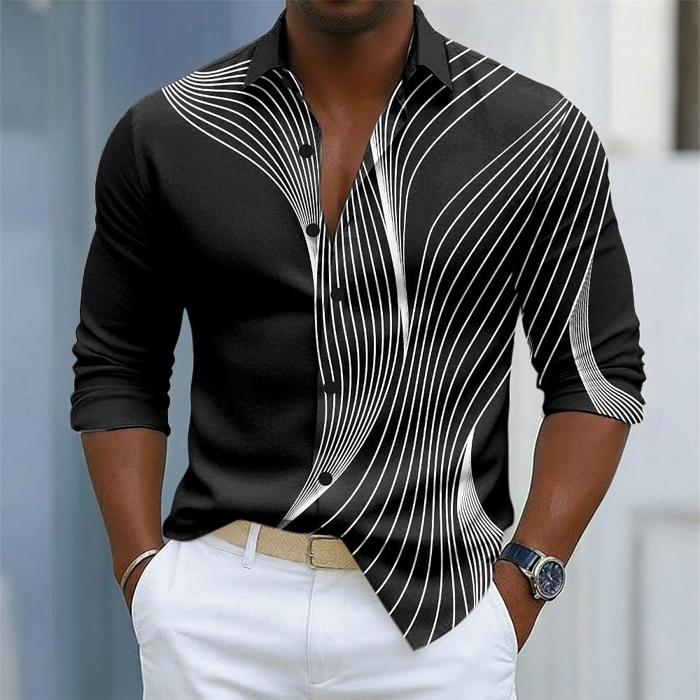 Bărbați Geometric Valuri Artă abstractă Cămașă Camașă cu nasturi Cămașă elegantă casual Manșon Lung Moda Casual În aer liber Zilnice Primăvară Toamnă Răsfrânt Imprimare 3D cămăși cu guler Negru 2026 - $27.99 –P1