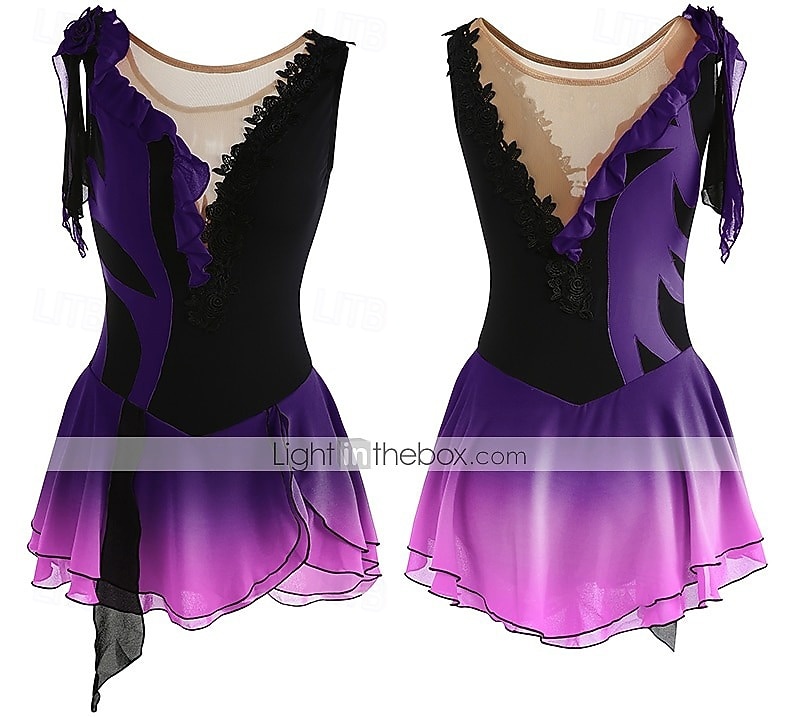 Eiskunstlaufkleid Damen Mädchen Eislaufen Kleider Austattungen Yan-pink  Violett Wie im Bild Patchwork Asymmetrischer Saum Gitter Spandex Hochelastisch Praxis Professionell Wettbewerb 2026 - $101.99 –P14