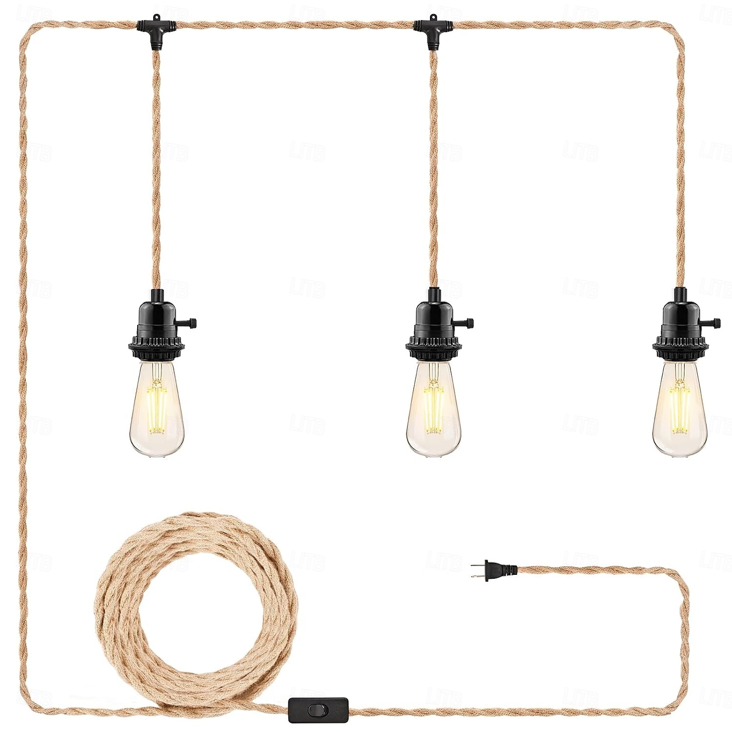 15 stóp z 1 wtyczką do lampy wiszącej, 23 stopy z 3 wtyczkami do lampy wiszącej, lampy wiszące z przewodem wtykowym, zestaw lamp wiszących z konopnej liny z dwustopniowym przełącznikiem, zestawy lamp 2026 - $54.99 –P2