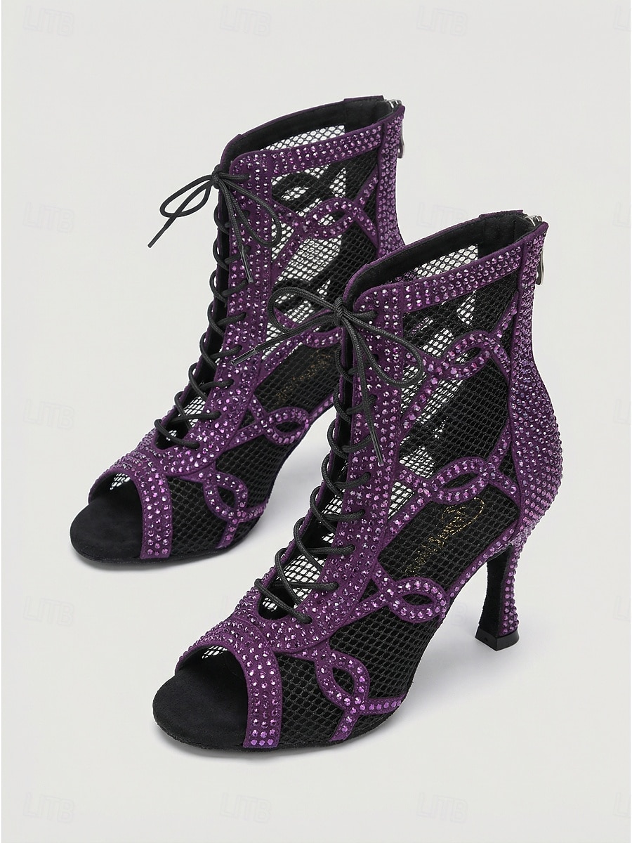 Stivali da ballo latino da donna con strass, scarpe da ballo performanti con tacco alto in rete e lacci per salsa, tango e balli da sala & palcoscenico del 2026 a $84.99 –P3