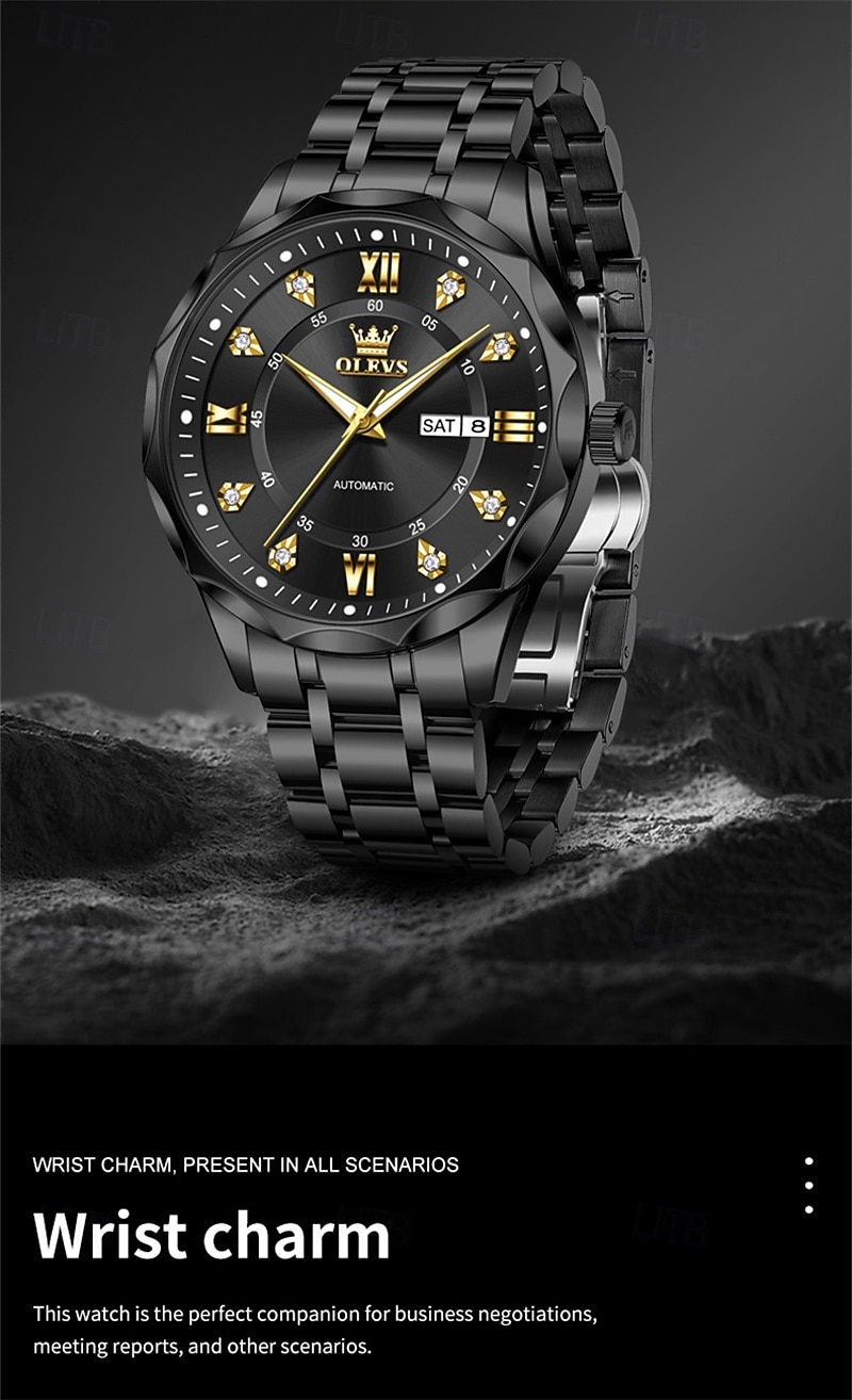 OLEVS Automatic Watch for Men, All Black Stainless Steel Luxury Business Self Winding Wristwatch with Day Date and Luminous Diamonds, Waterproof Analog Dress Watch, Gift for Husband Dad 2026 - $76.99 –P2
