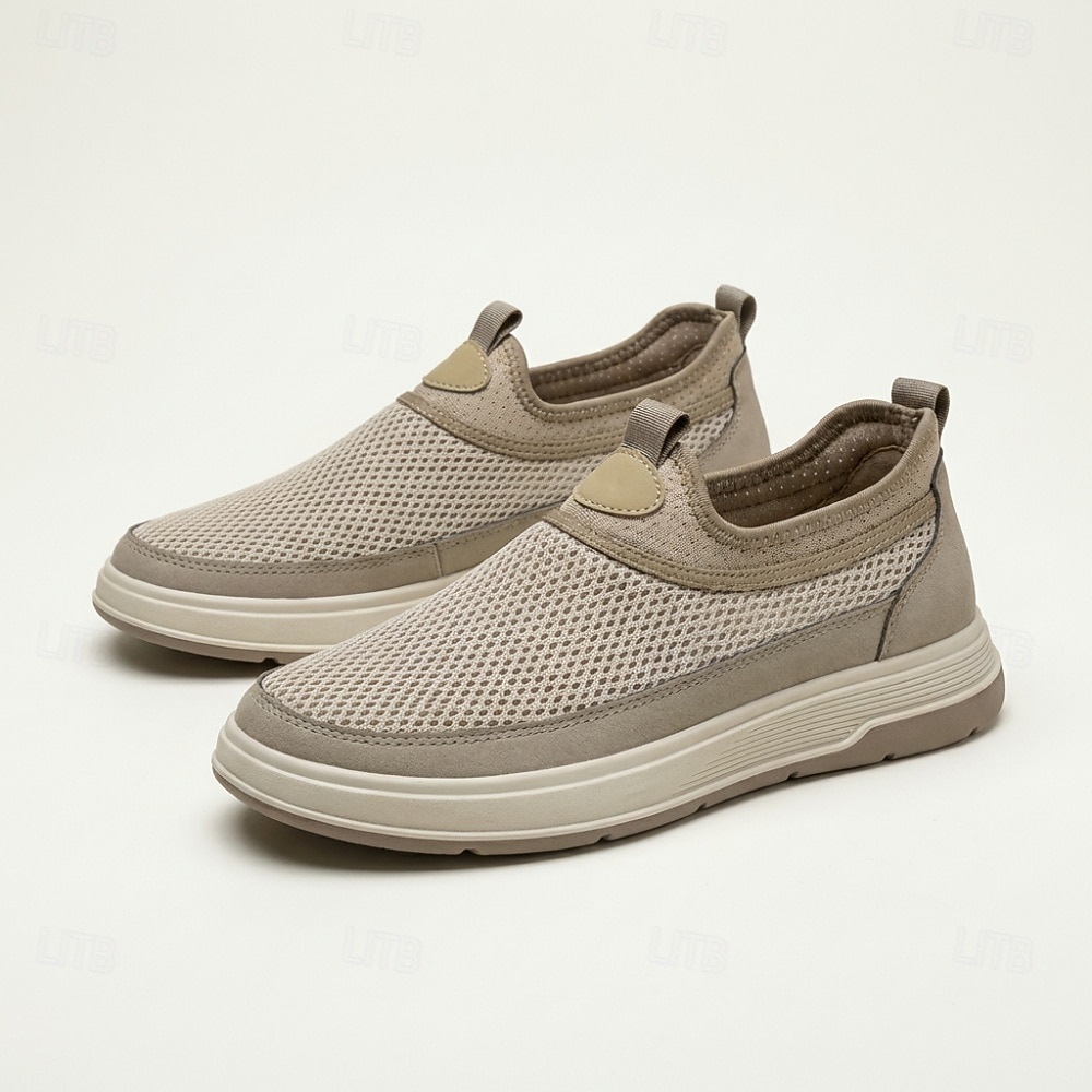 Ανδρικά μπεζ, αναπνεύσιμα, mesh slip-on casual sneakers, ελαφριά και άνετα παπούτσια για περπάτημα, για καθημερινή χρήση, ταξίδια, μετακινήσεις, καλοκαιρινή αναψυχή και smart casual στυλ. 2026 - $42.99 –P2
