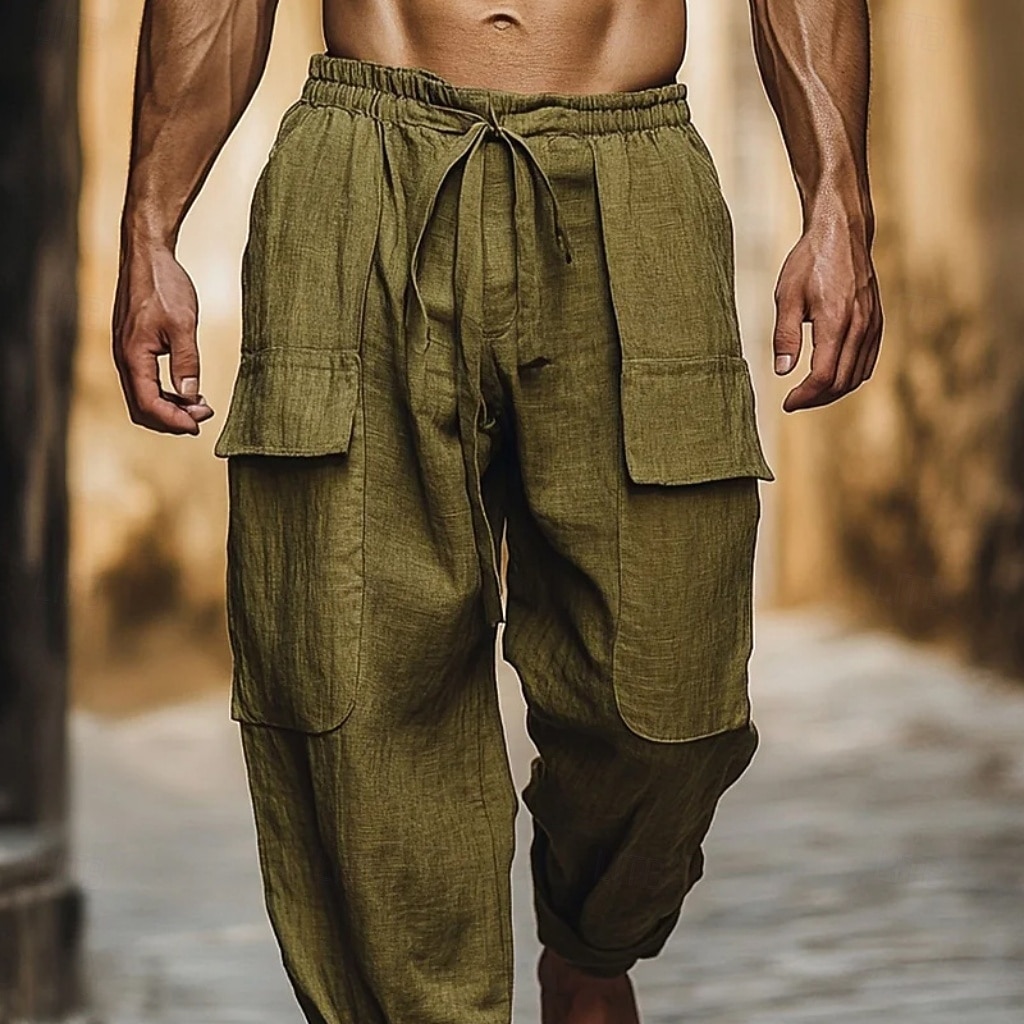 Homens Calças de linho de algodão Calças Calça verão Calças de praia Com Cordão Cintura elástica Côr Sólida Conforto Confortável Diário Ao ar livre Streetwear Férias Moda Verde Sem Elasticidade de 2026 por $27.99 –P2